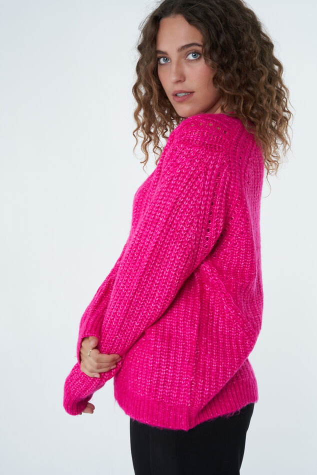 Dames Grof gebreide trui met v-hals Fel pink | MS Mode