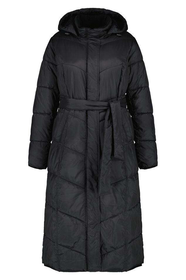 Dames Lange gewatteerde jas met ceintuur Zwart | MS Mode