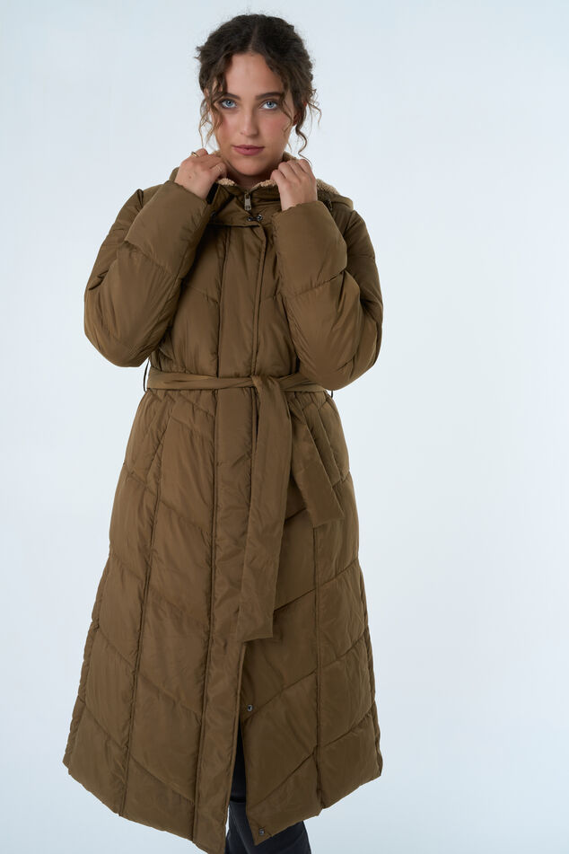 Dames Lange gewatteerde jas met ceintuur Licht khaki | MS Mode