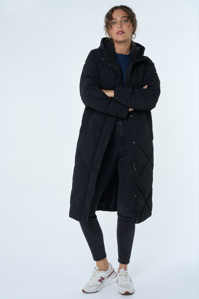 Dames Lange gewatteerde jas met capuchon Zwart | MS Mode