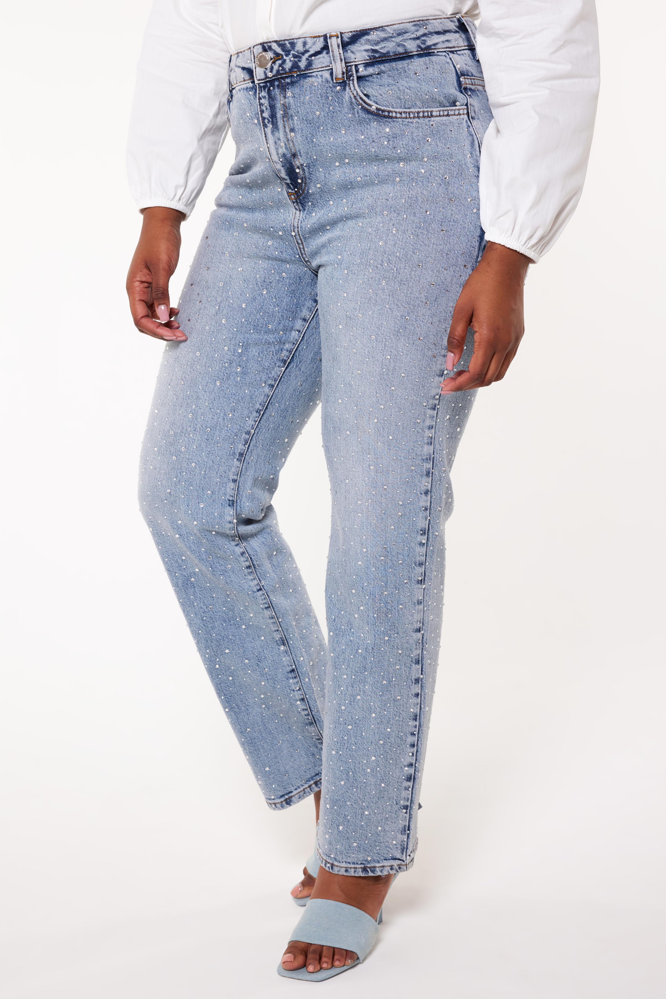 Dames Straight leg jeans met steentjes Bleached Denim | MS Mode